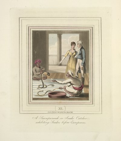ヨーロッパ人の前でヘビを展示するサウムパリーアまたはスネークキャッチャー、1824年頃（カラーリソ） 作： English School
