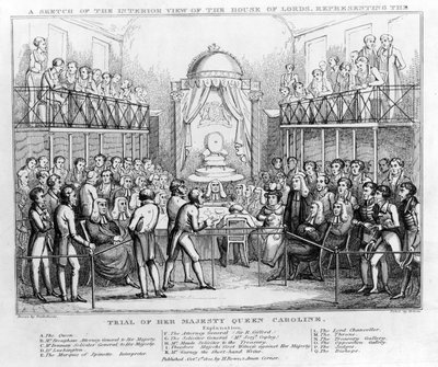 キャロライン女王陛下の裁判を表現した貴族院の内観のスケッチ、パブ。1820年（白黒彫刻）。 作： English School