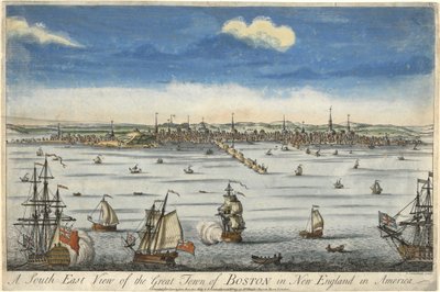 ニューイングランドのボストンの大きな町の南東の眺め、1730年頃（手彩色のエングレービング 作： English School