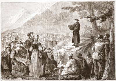 オープンフィールドで彼の群れに説教しているスイスの改革者、ジェームズエイトケンワイリー（1808-1890）によるプロテスタンティズムの歴史のイラスト、パブ。 1878 作： English School