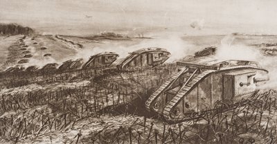 1920年に出版されたHGウェルズの「歴史の概要」第2巻によるイラスト、フランスのカンブレでのタンク攻撃 作： English School
