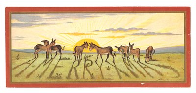 1880年頃、「メリークリスマス」と書かれたロバの列から影を落とす夕日のビクトリア朝のクリスマスカード 作： English School