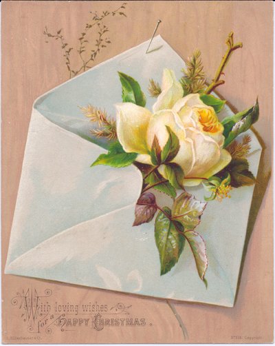 バラが突き出た封筒を描いたビクトリア朝のクリスマスカード、1880年頃 作： English School