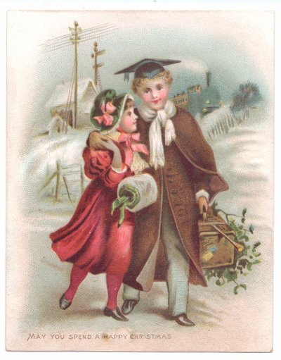 雪の中を歩く少女に腕を組んだモルタルボードをつけた少年のヴィクトリア朝のクリスマスカード、1880年頃（カラーリトグラフ版 作： English School