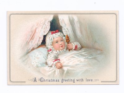 ガラガラを持って寝ている子供を描いたヴィクトリア朝のクリスマスカード、1880年頃（カラーリトグラフ 作： English School