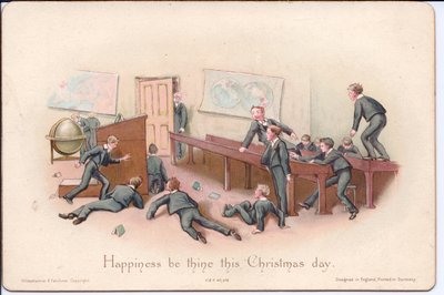 教室で手に負えない少年たちを見つめる校長を描いたヴィクトリア朝のクリスマスカード、1880年頃（カラーリトグラフ 作： English School