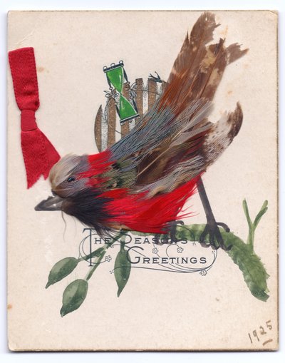 羽で作られたロビンのビクトリア朝のクリスマスカード、1925年 作： English School