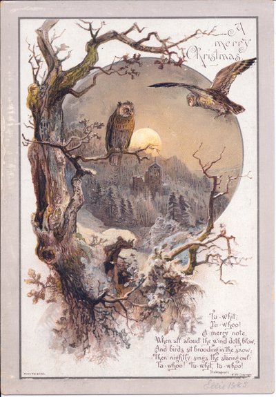 月夜に枝に止まるフクロウを描いたヴィクトリア朝のクリスマスカード、1880年頃（カラーリトグラフ版 作： English School