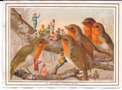妖精のバンドを聴いている枝に止まった5匹のロビンのビクトリア朝のクリスマスカード、1880年頃 作： English School