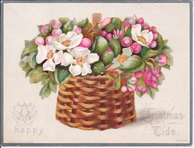 籐のバスケットに入った花と葉のヴィクトリア朝のクリスマスカード、1880年頃（カラーリトグラフ 作： English School