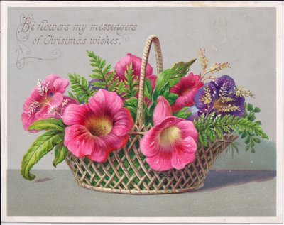 籐のバスケットに入った花を描いたヴィクトリア朝のクリスマスカード、1880年頃（カラーリトグラフ 作： English School