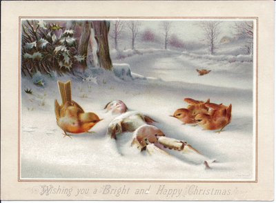 雪の中で木製の人形を見つめるロビンズを描いたヴィクトリア朝のクリスマスカード、1880年頃（カラーリトグラフ） 作： English School