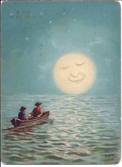 月明かりに照らされた夜に手漕ぎボートに乗った2人の少年のビクトリア朝のクリスマスカード、1880年頃（カラーリソ） 作： English School
