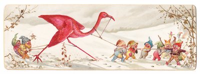 エルフの悪意のあるパーティーが雪の中で捕らえられたフラミンゴを連れ去るビクトリア朝のクリスマスカード 作： English School
