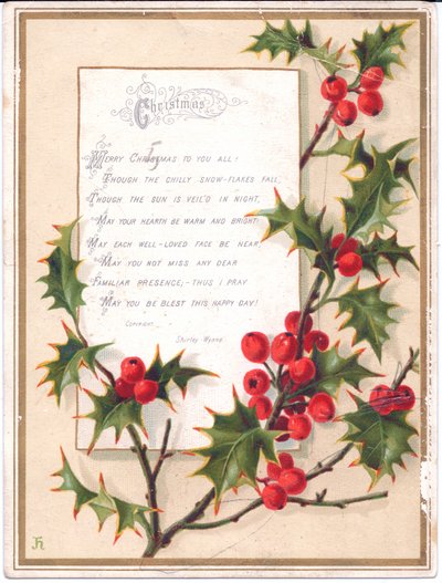 ヒイラギと詩の大きなスプレーのビクトリア朝のクリスマスカード、1880年頃 作： English School