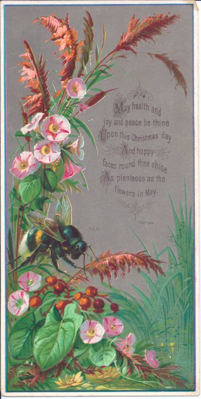 1880年頃の花の上にホバリングする蜂のビクトリア朝の年賀状 作： English School