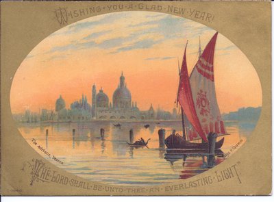 アドリア海の船とゴンドラを描いたヴィクトリア朝の年賀状、ヴェネツィア、1880年頃（カラーリトグラフ） 作： English School