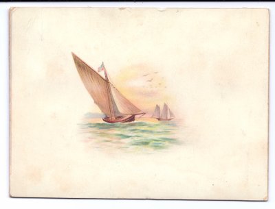 月明かりの下で帆走するヨットのあるビクトリア朝の年賀状、1895年頃 作： English School