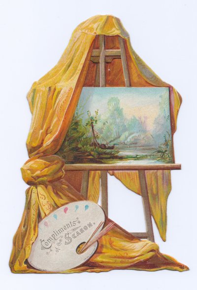画家のイーゼルに描かれたドレープがかかった絵画のヴィクトリア朝ダイカット・シェイプカード、1880年頃（カラーリトグラフ） 作： English School