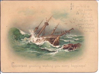 荒海で船のビクトリア朝のホールドトゥライトクリスマスカード。カードが光源の前に保持されると、1898年頃に守護天使が現れます 作： English School