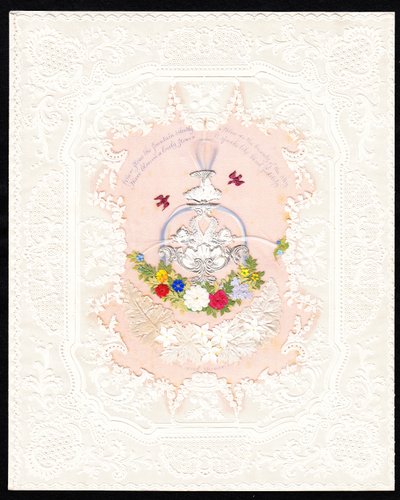 1870年頃、ヴィクトリアン・ペーパーレースで描かれた花と噴水のバレンタイン・カード（カラーリトグラフ） 作： English School