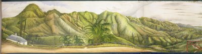 1855年、ジャマイカ、ブルーマウンテンズ、ニューカッスルの軍事療養所からのキングストンに向かっての眺め（紙にキャンバスとガッシュを敷いた） 作： English School
