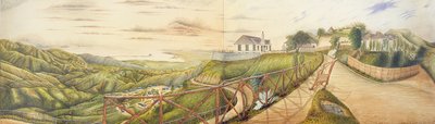 1855年、ジャマイカ、ブルーマウンテンズ、ニューカッスルの軍事療養所からのキングストンに向かっての眺め（紙にキャンバスとガッシュを敷いた） 作： English School