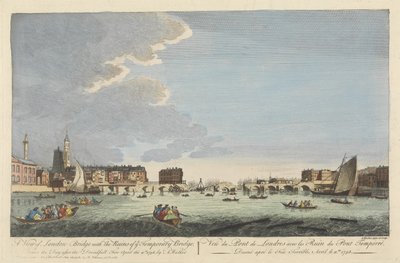 1758年4月11日の火災後の一時的な橋の廃墟のあるロンドン橋の眺め（色付きの彫刻） 作： English School