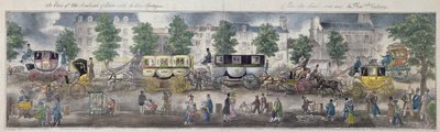 パリの大通りの眺め、新しい車両、1828年（カラー彫刻） 作： English School