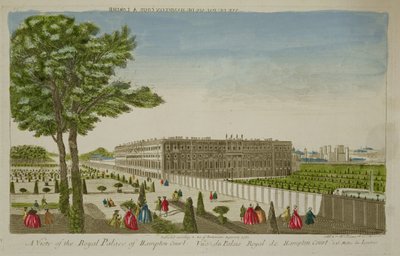 1760年に出版されたハンプトンコートの王宮の眺め 作： English School