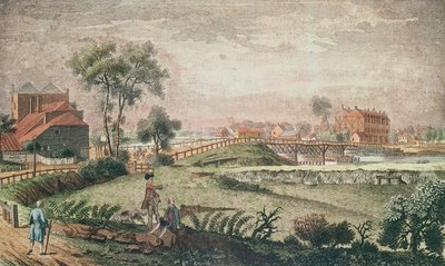 チェルシーブリッジの西側の景色、1761年（カラー彫刻） 作： English School