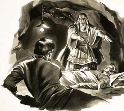 アーサー王の宮廷にいるヤンキー。マーク・トウェインの物語をもとにしたイラスト 作： English School