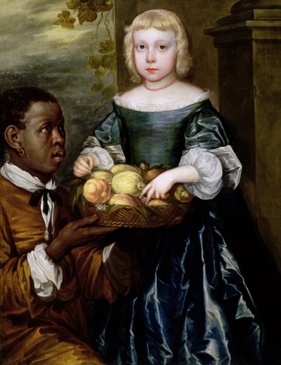 召使いから果物かごを差し出された少女、1650年頃 作： English School