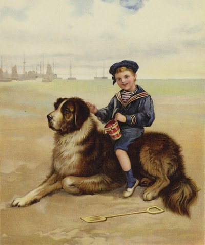 ビーチで彼の犬に座っている少年 作： English School