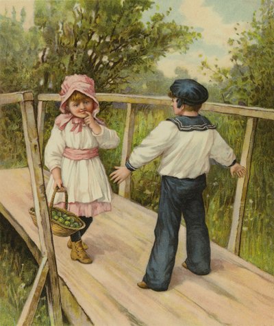 彼女が立っている橋を渡るには通行料を払わなければならないことを少女に告げる少年 作： English School