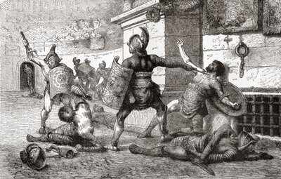 古代ローマにおける剣闘士の戦い（1882年頃、ウォードとロックの『イラストレイテッド・ヒストリー・オブ・ザ・ワールド』より 作： English School