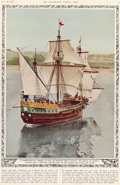 イギリスの偉大な船員の1人への記念品：The Illustrated London News Royal Naval and Miが1577年から80年にかけて世界で最初に航海した英国船、ドレイクスゴールデンハインドのモデル 作： English School