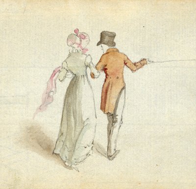 1825年頃のカップルの散歩（紙にトイレ） 作： English School