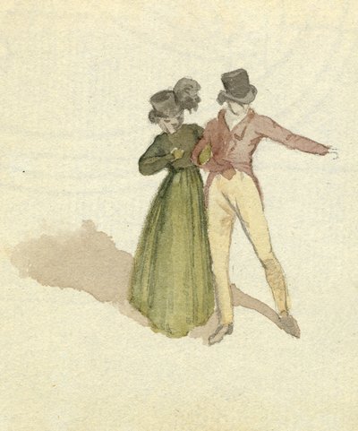 1825年頃のカップルの散歩（紙にトイレ） 作： English School