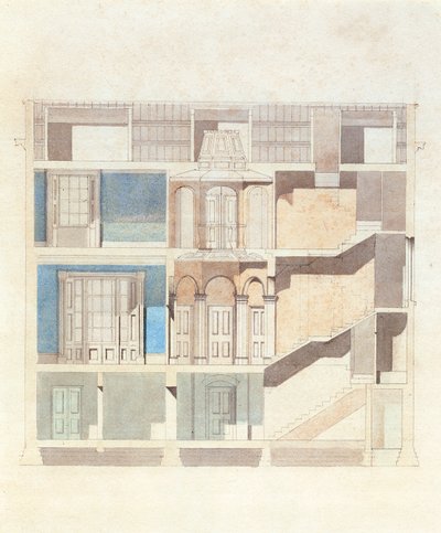 古典的なタウンハウスのインテリアの断面デザイン、c.1840（ペンとインク付きのトイレ） 作： English School