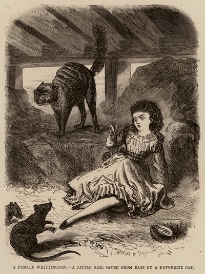 お気に入りの猫にネズミから救われた少女、ウィッティントンのメス（エングレーヴィング） 作： English School