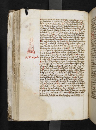 マージョリー・ケンペの書』（Add MS 61823 f.43v、1445-50年頃）より、「ignis divini amoris」を表す炎（羊皮紙にペン・インク 作： English School
