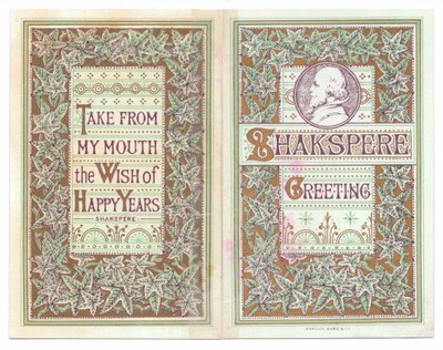 ウィリアム・シェイクスピアを描いたヴィクトリア朝のグリーティングカードの表裏（1880年頃）（カラーリトグラフ 作： English School