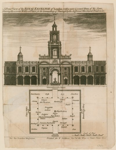 ロンドンのロイヤルエクスハンジの正面図と同じ正確なプラン 作： English School