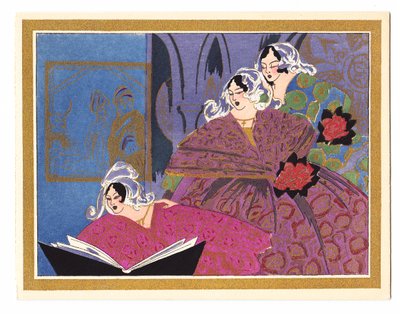 1920年頃の歌の本から歌う3人の女性を描いた、手塗りのフランスのpochoirクリスマスカード 作： English School
