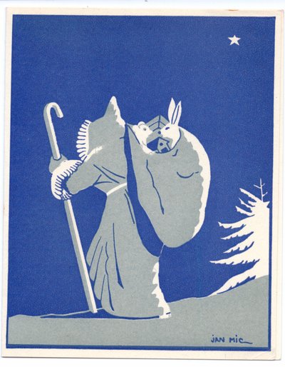 1920年頃、ウサギとクマが入った袋を持ち、ステッキを持って歩くシルエット姿のファーザー・クリスマスが描かれたフランスの手彩色ポショワール・クリスマスカード（ステンシル） 作： English School