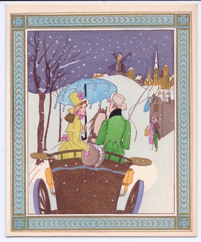 1920年頃に雪の中を走っているオープンキャリッジのRencecyカップルの手塗りのフランスのpochoirクリスマスカード 作： English School