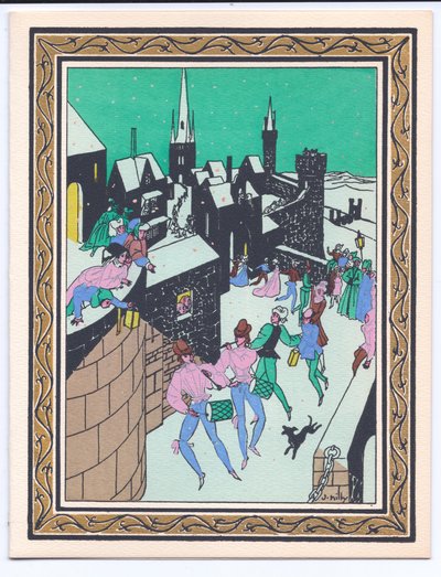 1920年頃の城の城壁で演奏するミュージシャンのパレードの、手塗りのフランスのpochoirクリスマスカード 作： English School