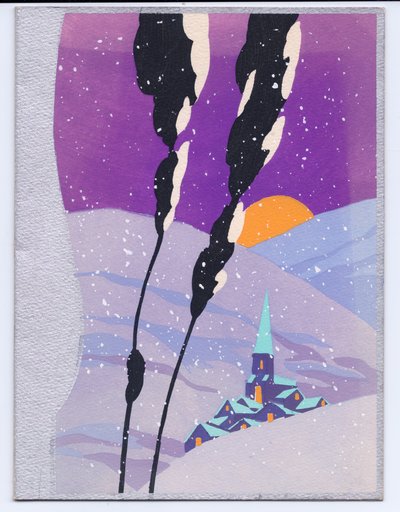 1920年頃、夕日と教会の山々で雪景色が描かれた、手彩色のフレンチポコワールクリスマスカード 作： English School