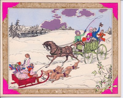 1920年頃に雪に覆われた風景の上を犬や馬に荷車で運ばれているそりの手塗りのフランスポチョアクリスマスカード。 作： English School